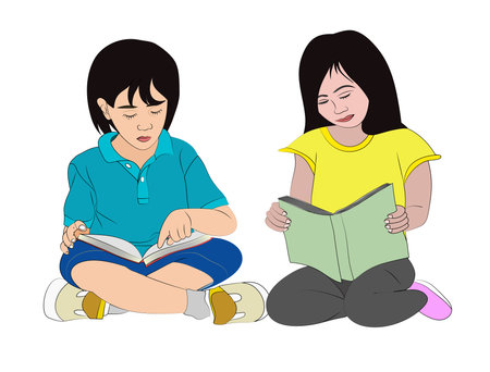 Vector Illustration of Boy and Girl Studying togetherのイラスト素材