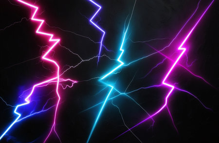 Abstract black background with neon lightning effectの素材