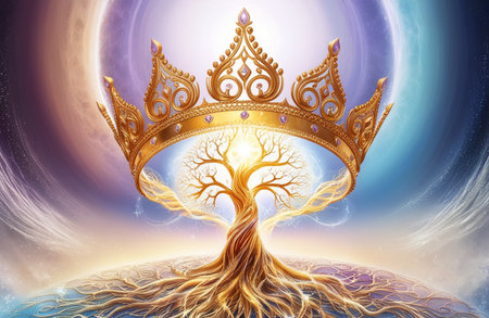 Golden Crown Merging with Glowing Treeの素材