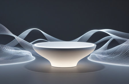 Chic product display with a glowing empty round podiumの素材