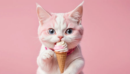Pink White Cute Cat Eating Ice Creamの素材