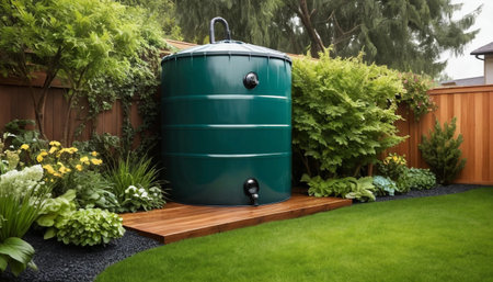 Eco rainwater storage tank in home gardenの素材