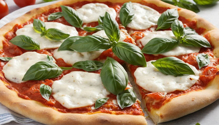 Margherita pizza topped with fresh basil leavesの素材