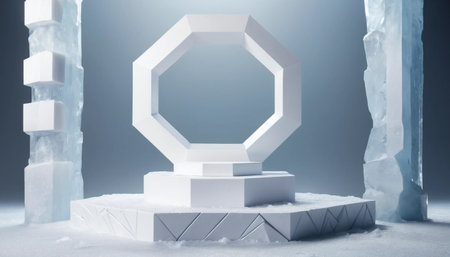 White Geometric Podium on Snowy Stageの素材