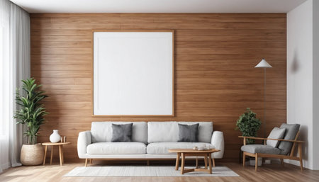 Wooden Interior Lounge with White Frame Displayの素材