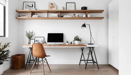 Clean white office space with wood featuresの素材