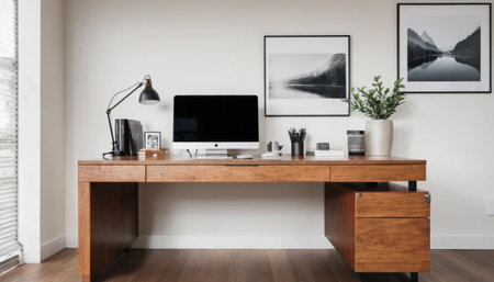 Workstation with wooden desk in bright roomの素材