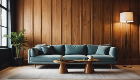 Lounge style office with wood panel wallの素材