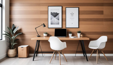 Workspace with wood grain minimalist designの素材