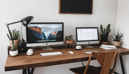 Workspace setup with cozy wooden deskの素材