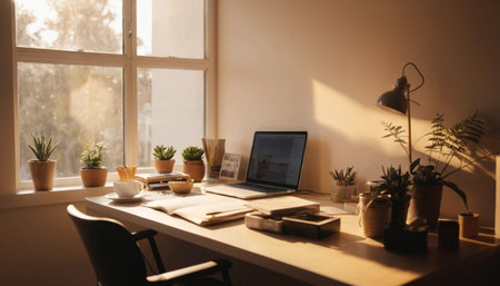 Modern office layout in soft warm lightingの素材