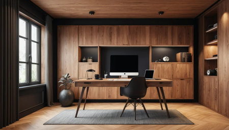 Tech desk in wooden interior settingの素材