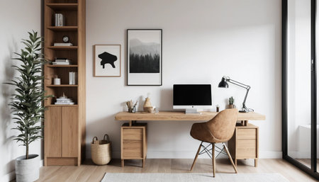 Minimalist office with calm wooden elementsの素材