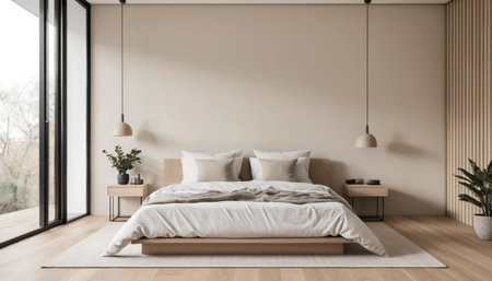 Beige bedroom with elegant wood flooringの素材