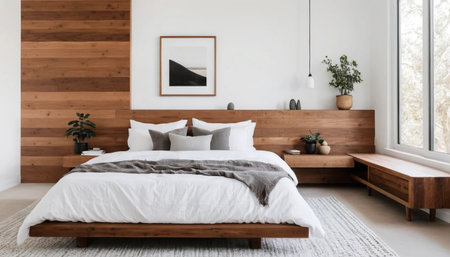 Neutral tone bedroom with wood accentsの素材