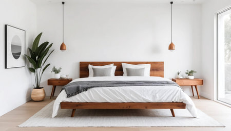 Bright bedroom with simple furnishingsの素材