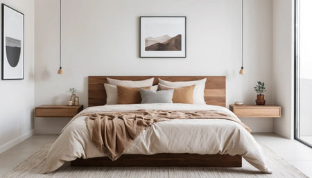 White and beige bedroom with wood headboardの素材