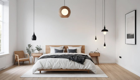 Wood and white bedroom with pendant lightsの素材