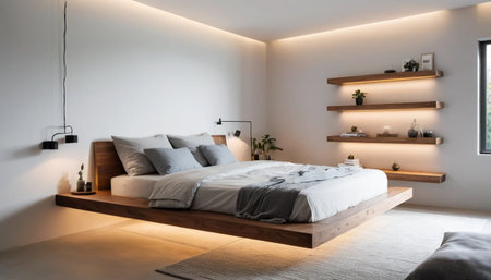 Simple bedroom with floating wood shelfの素材