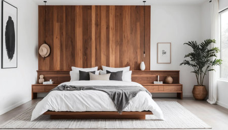 Neutral tone bedroom with wood accentsの素材