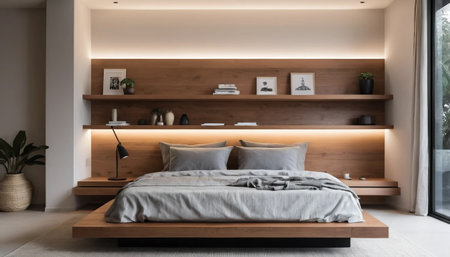 Simple bedroom with floating wood shelfの素材