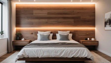 Calm bedroom with headboard lighting glowの素材