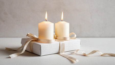 Glowing candles with ribbon gift boxの素材