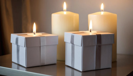 Gift boxed candles in soft lightingの素材