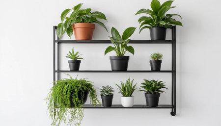 Metal wall shelf with green plantsの素材