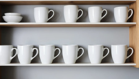 White porcelain coffee mugs on shelfの素材