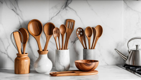 Wooden kitchen utensil set on marble surfaceの素材