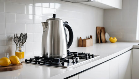 Sleek stainless steel kettle on stoveの素材