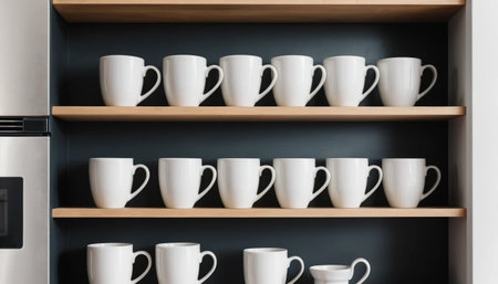 White porcelain coffee mugs on shelfの素材