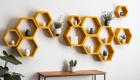 Wall shelves shaped like honeybee combsの素材