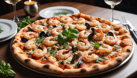 Seafood Pizza with Elegant Table Setupの素材
