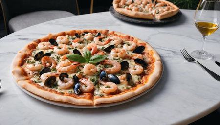 Seafood Pizza On Marble Tableの素材