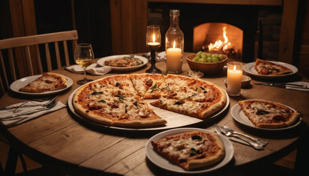 Evening pizza dinner with candlelightの素材
