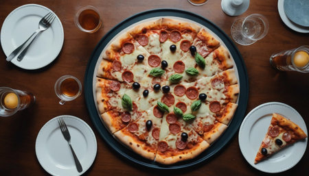 Overhead view pizza dinner sceneの素材