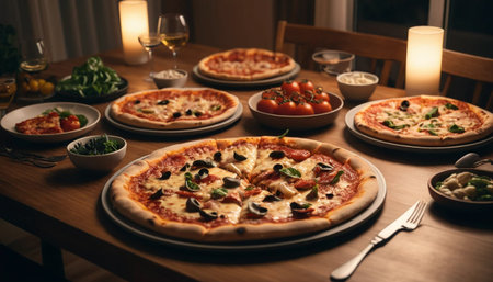 Evening pizza table with lightingの素材