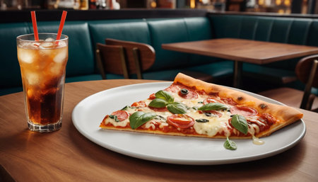 Deluxe pizza slice served with soft drinkの素材