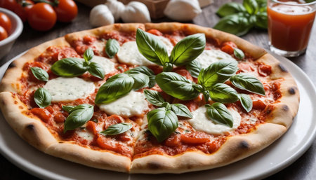 Margherita pizza with basil in eateryの素材