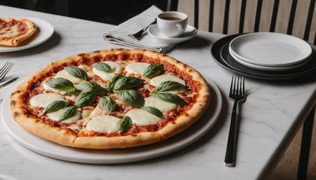 Fresh mozzarella pizza with crispy crust on modern dining tableの素材