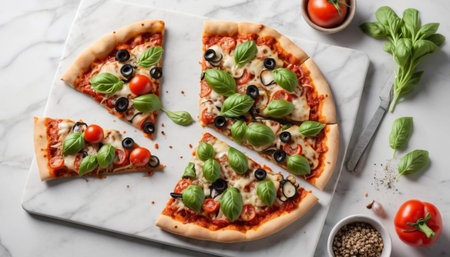 Vegetarian pizza on white marble tableの素材