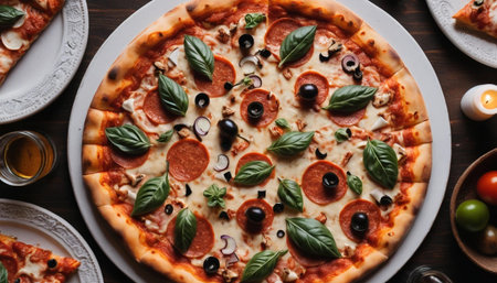 Overhead pizza shot on decorated tableの素材