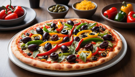 Veggie pizza with olives and peppers on modern dining tableの素材