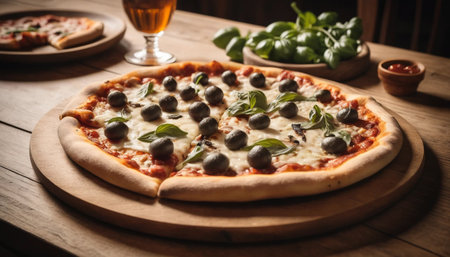 Rustic pizza served in vintage restaurant setupの素材