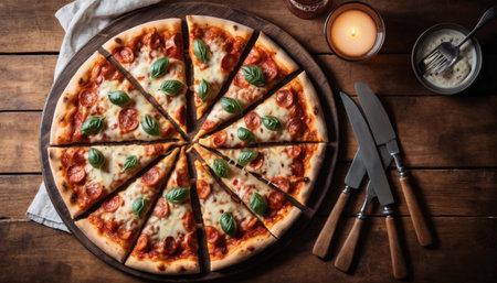 Freshly baked pizza on dining tableの素材