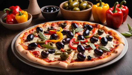 Pizza with olives and pepper toppingsの素材