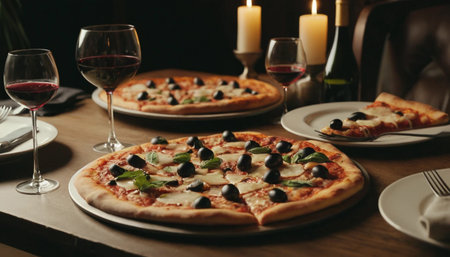 Pizza served with wine on dinner tableの素材