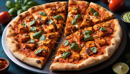 Tandoori paneer pizza at Indian restaurantの素材